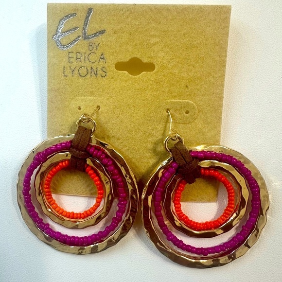 Erica Lyons Jewelry - Erica Lyons Gold Hoop Earrings with Pink & Orange Beads – Statement Boho Dangles